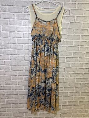Sleeveless Paisley Maxi Dress in Navy and Mustard- see measurements for details